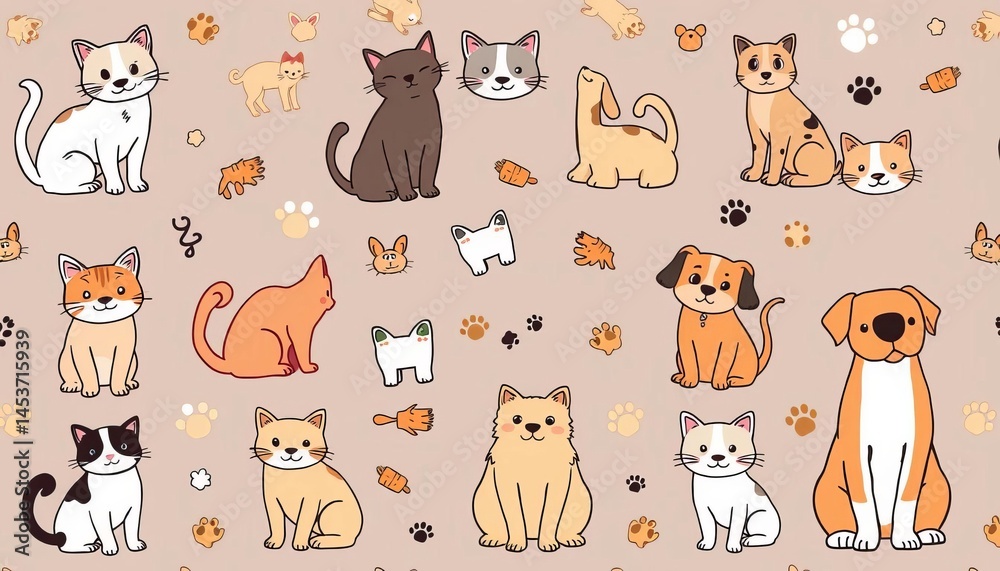 Fototapeta premium Adorable cat and dog doodle patterns in various breeds and poses Perfect for pet-themed products, vector, adorable