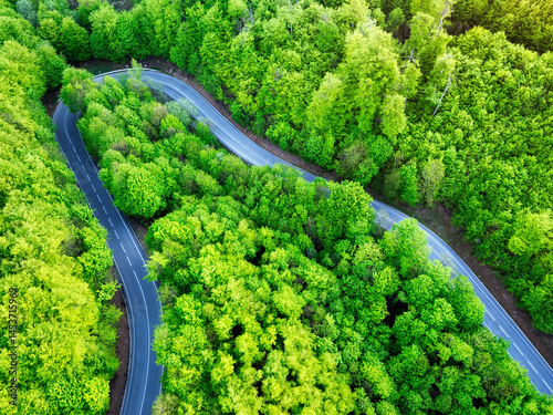 Aerial view of a road in the middle of the forest