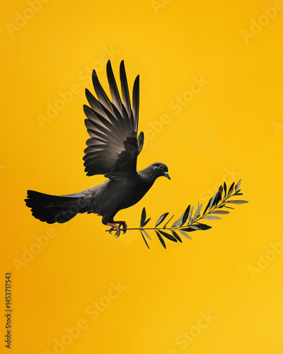 Contemporary Art Collage of Gray Dove with Olive Branch Flying on Yellow Background. Concept of Peace and Spiritual Hope. Generative AI