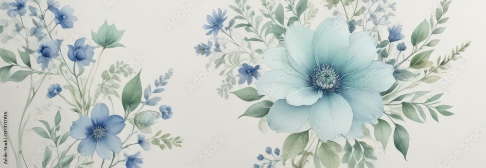 Fototapeta premium Subtle blue and green watercolor flowers, creamy white backdrop, intricate design , vintage, soft, spring