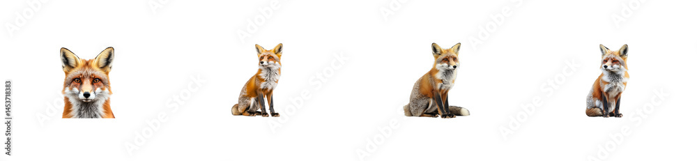 Fototapeta premium Fox portraits and poses, close up view wildlife animal. cut out transparent