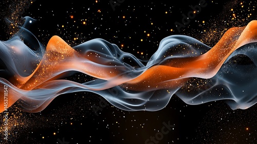 Dynamic sparks flying along wireframe wave in dark environment abstract digital art