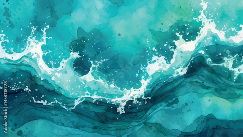 Turquoise watercolor background. Tropical inspired blend for summer and travel design.