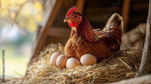 hen laying eggs in a cozy straw nest inside a well-maintained coop