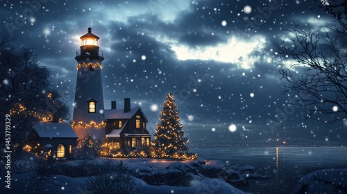 Snowy winter night scene with a lighthouse and Christmas tree.