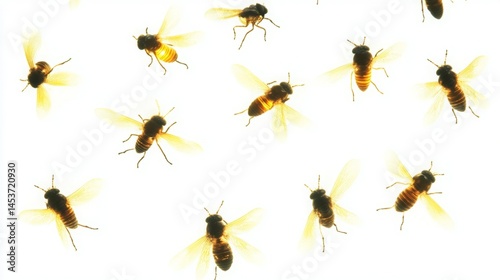 Multiple honeybees in flight against a white background.