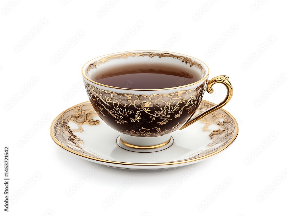 Elegant teacup with saucer filled with tea isolated on white background Elegant teacup with saucer filled with tea isolated on white background