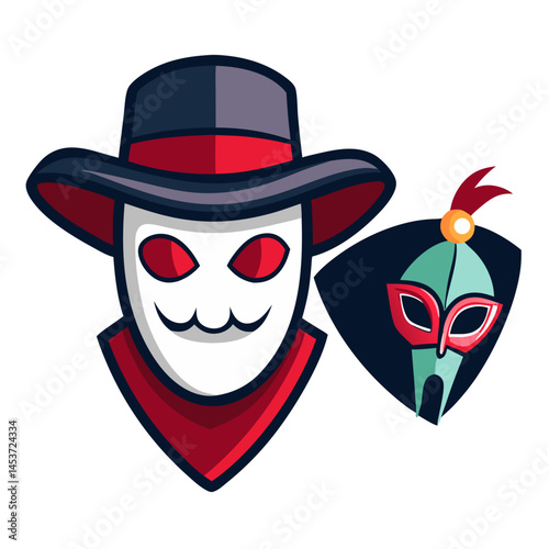 Masked characters wearing a hat and mask in a playful style  