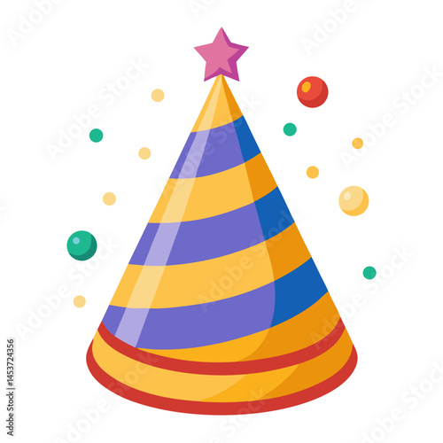 Colorful party hat with star and confetti background  