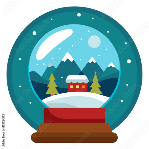 Snow globe with snowy mountains and a cozy house  