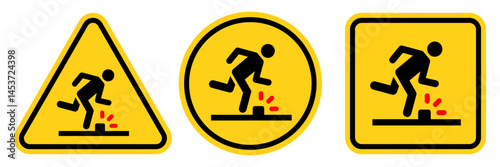 Tripping hazard symbol safety sign. Floor surface obstacle fall caution symbol. Person foot falling beware sign. Vector Illustration.