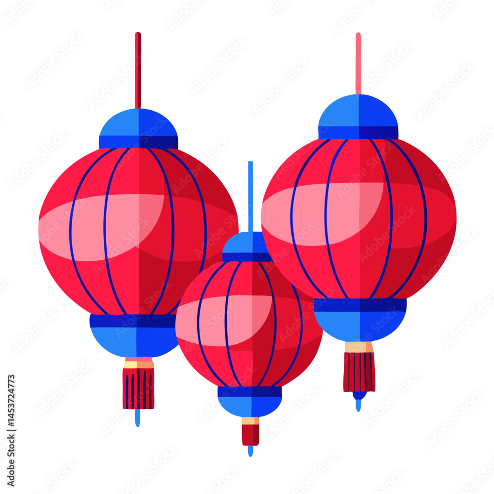 Fototapeta premium Red and Blue Paper Lanterns in a Flat Design 