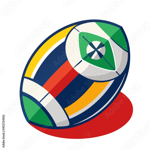Colorful rugby ball illustration on a red background  