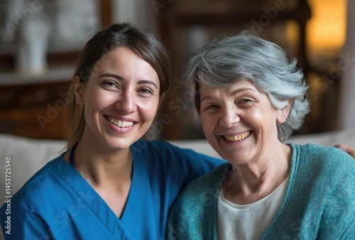 A blonde nurse in blue scrubs and an elderly woman in a brown sweater and white shirt smile together on a couch, symbolizing compassionate home care for senior citizens in a warm, homely environment.