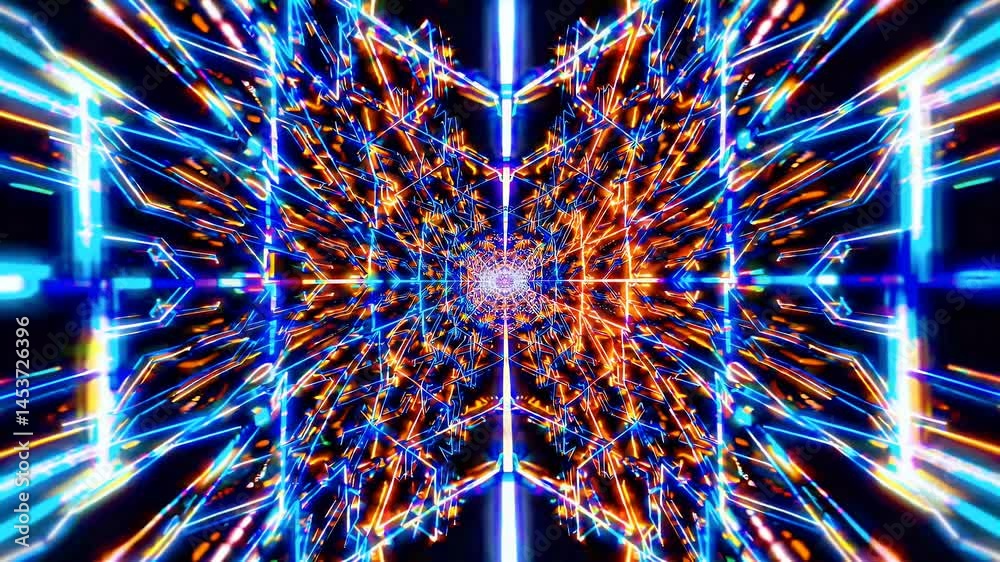 Mesmerizing tunnel light video orange blue rays forming digital particles looping mirror pattern perfect tech sci fi