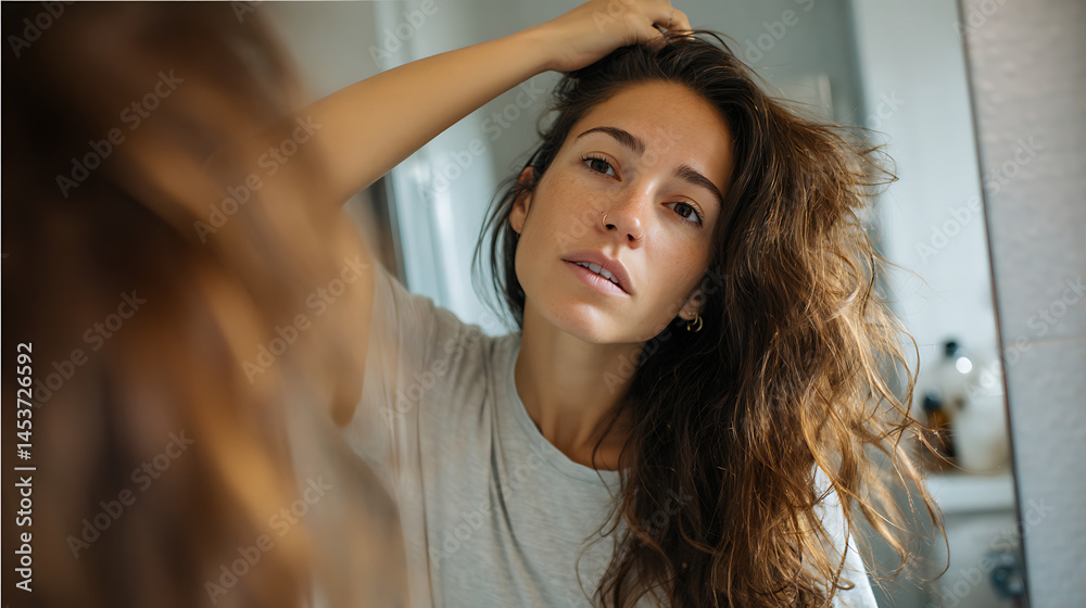 Fototapeta premium Young woman with long hair looking in mirror in bathroom with thoughtful expression on her face