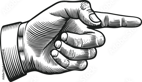Hand with pointing finger drawn in vintage engraving style, detailed retro illustration in black and white

