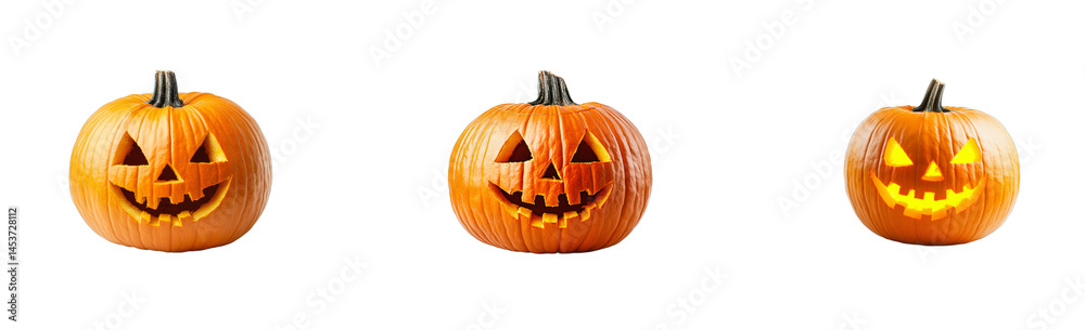 Three carved spooky pumpkins with smiling faces. cut out transparent
