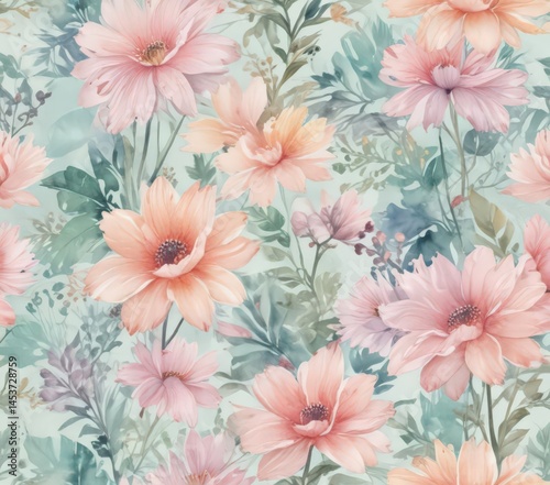 Pastel watercolor abstract floral seamless repeat pattern, soft, wallpaper, print