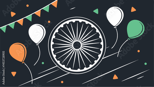 Festive dark background illustration with Ashoka Chakra, tricolor balloons, and bunting for Indian celebrations., Graphic design featuring the Ashoka Wheel, saffron, white, and green balloons