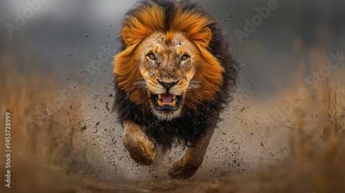 Powerful lion in full pursuit, focused on prey.  Powerful, majestic, running, fierce, wild, nature, Africa,  wildlife,  predator,  danger,  strength,  speed,  hunt