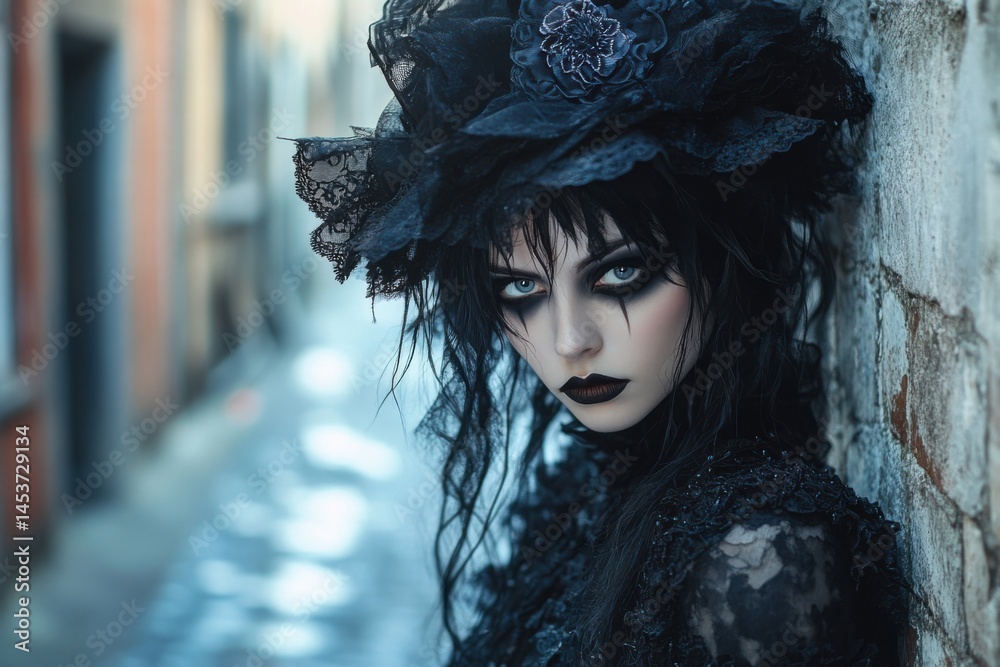 Moody fashion portrait of a gothic woman with intense expression, shot in a gritty alley between buildings.