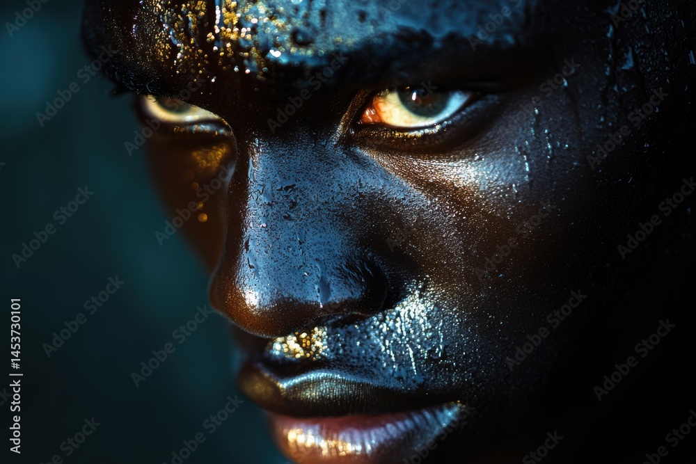 Dramatic Closeup Portrait of Intense Wet Face with Shimmering Light and Deep Expression