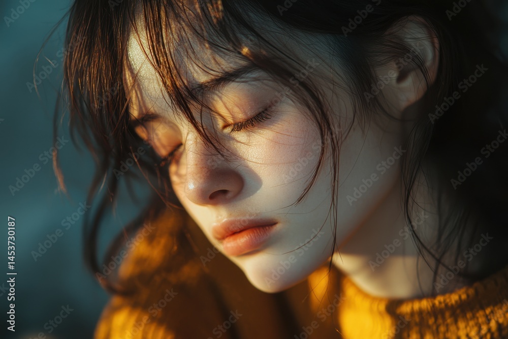 Moody facial portrait of woman with freckled skin, tear trails visible, representing fragile beauty, sorrow, and depth.