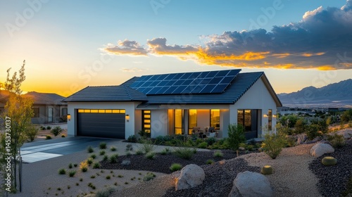 Modern house with solar panels at sunset.