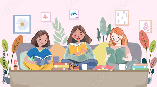 Students are sitting and reading books to review their knowledge. vector, illustration.