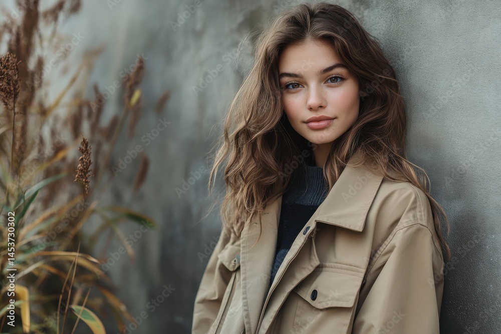 Natural Outdoor Portrait of Stylish Young Woman in Beige Coat Against Neutral Wall