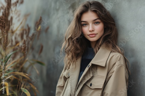 Obraz na płótnie Natural Outdoor Portrait of Stylish Young Woman in Beige Coat Against Neutral Wall w salonie