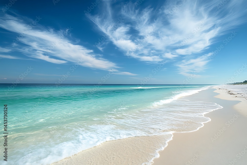 Fototapeta premium Pristine Beach with Soft White Sand Gently Meeting the Water