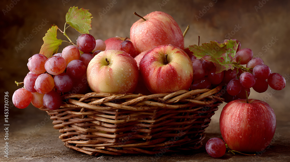 Red apples and grapes in a rustic basket on an earthy background with leaves and water droplets Red apples and grapes in a rustic basket on an earthy background with leaves and water droplets