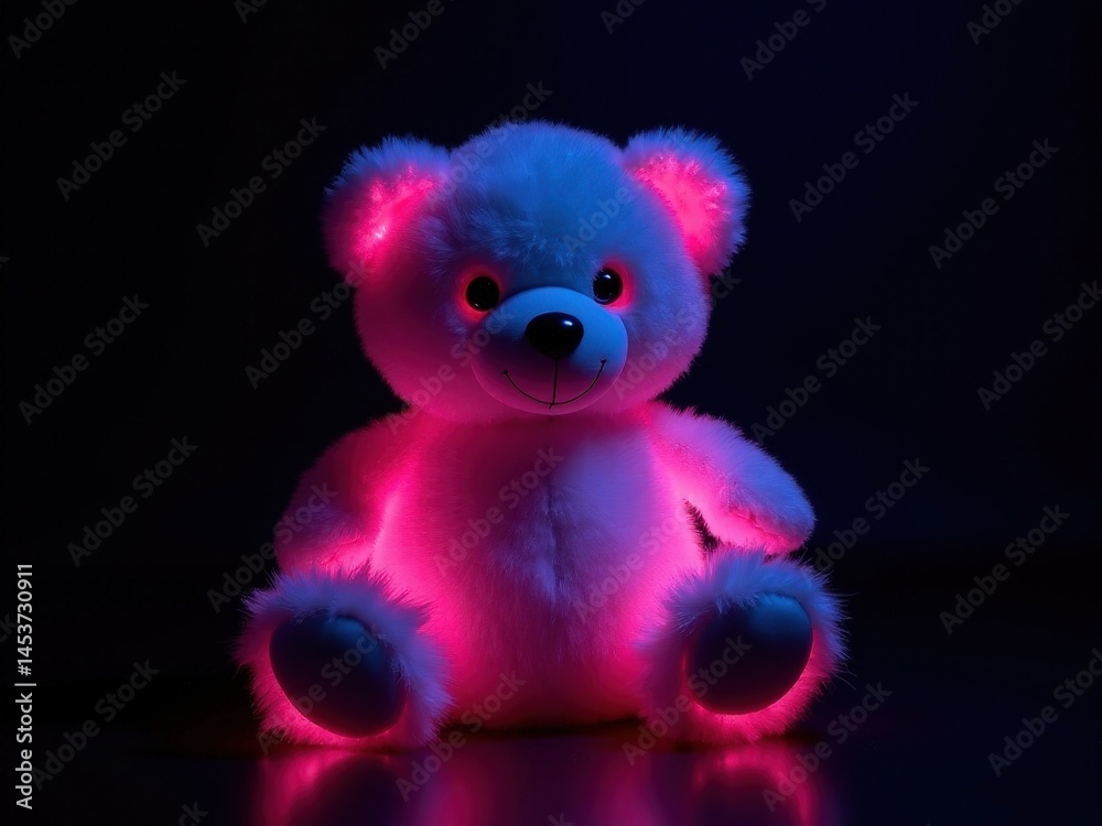 Fototapeta premium neon Pink teddy bear with glowing eyes sits on a dark surface. The bear is lit up