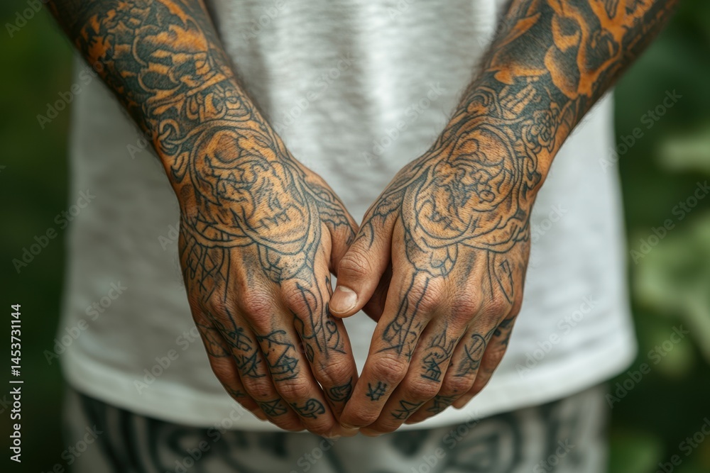 Close-up of tattooed hands clasped in symbolic gesture, showcasing detailed ink patterns and rough texture of aged skin.