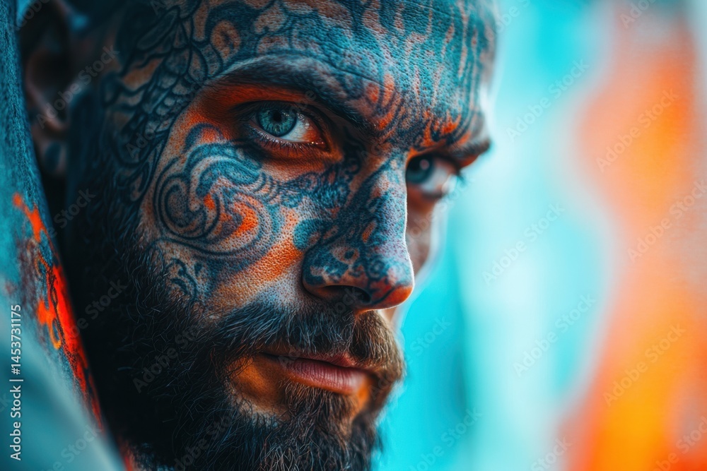 Close-Up Portrait of Tattooed Man with Beard and Intense Stare in Urban Setting