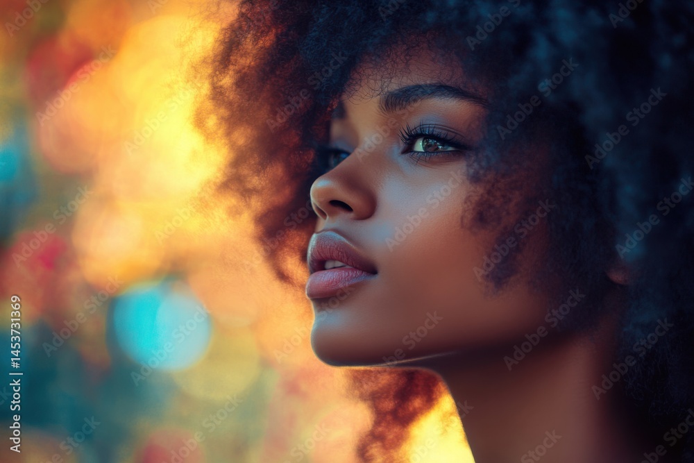 Side angle of confident young woman with freckles and natural hairstyle, set against pastel-colored stripes in soft daylight.