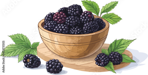 Blackberry in wooden bowl on table in white background, Blackberry Illustration vector design