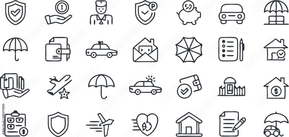 Fototapeta premium Insurance and Financial Security Editable Stroke Outline Icons Set Isolated on White Background - Flat Vector Illustration. Pixel Perfect. 64 x 64.