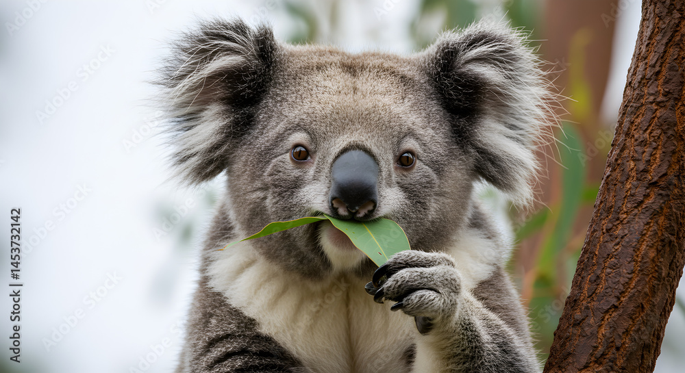 Fototapeta premium Content Koala Bear Munching Green Eucalyptus Leaf in Tree a Serene Wildlife Portrait