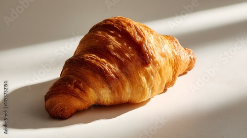 A golden-brown croissant on a minimalist background, bread soft sunlight.