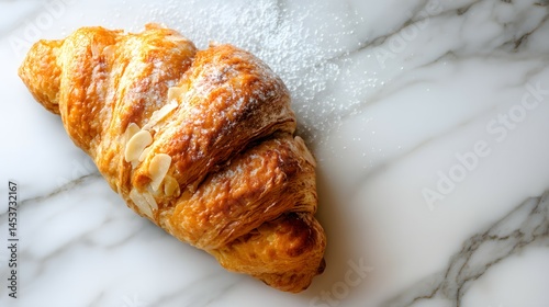 A golden-brown croissant on a minimalist background, bread soft sunlight.