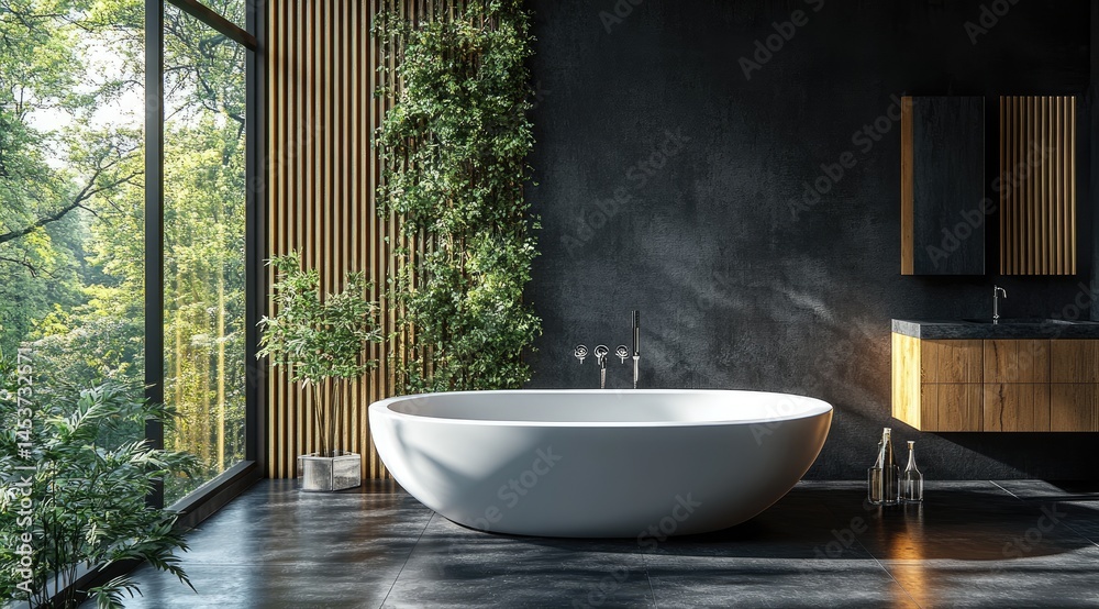 Fototapeta premium Modern bathroom with a tranquil, nature-inspired design.