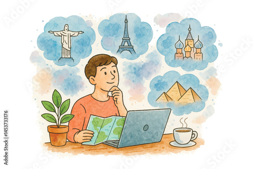Watercolor illustration of a young man dreaming about world travel while looking at a map and laptop. Famous landmarks appear in thought bubbles above him. Vector isolated design on white background.