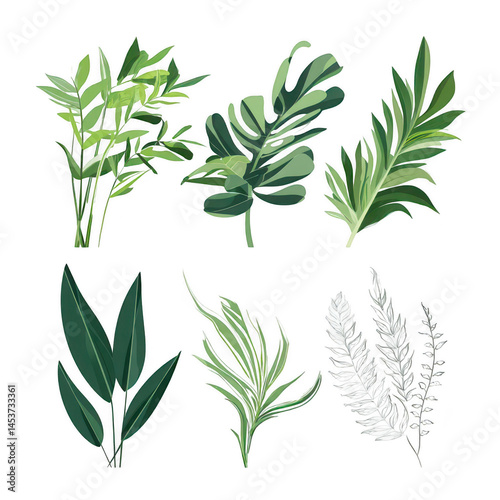 Aesthetic Collection of Various Green Leaves Illustrations for Nature, Design, and Botanical Themes in Bright and Vibrant Style