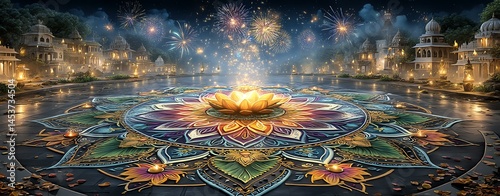Traditional Festival Floor Art Colorful mandala with glowing lotus and lights. Glowing Diwali Mandala