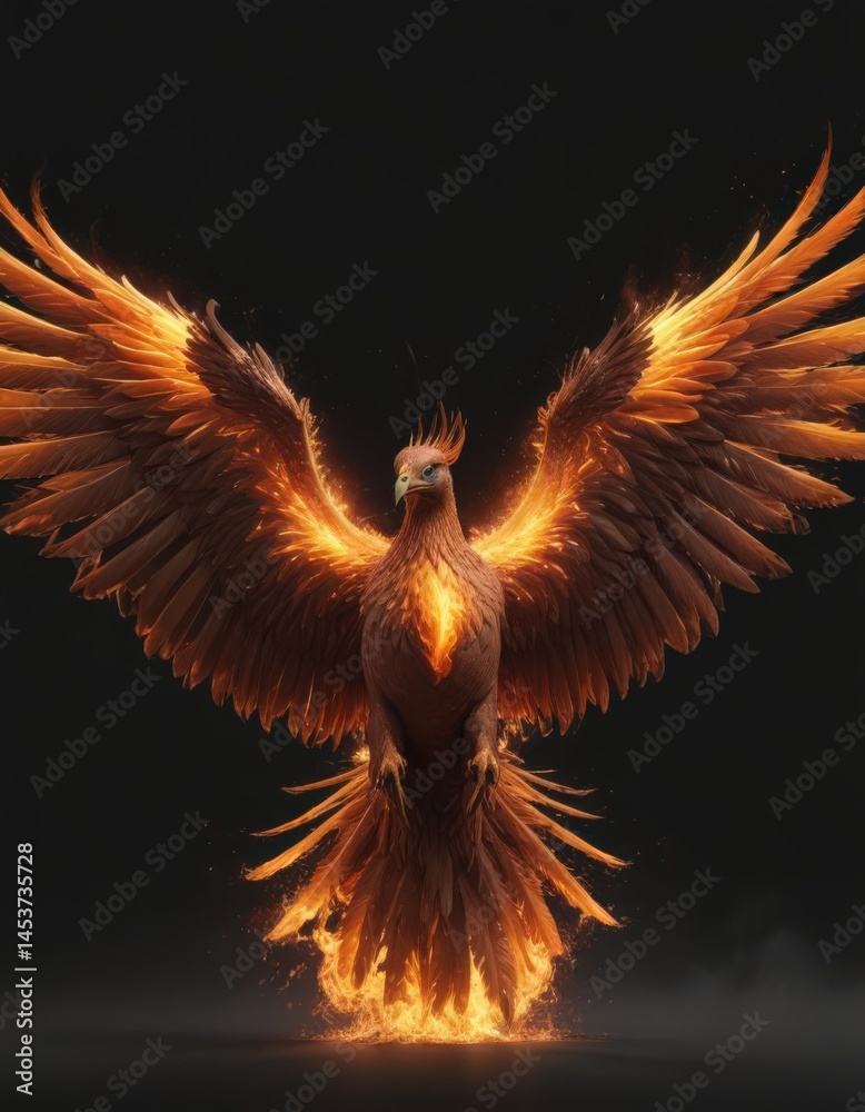 Fototapeta premium Majestic phoenix ablaze, wings spread wide against black backdrop , graphic, fiery, phoenix