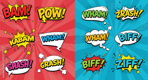 Comic Book Sound Effect Illustration – BAM, POW, WHAM, CRASH, Editable Stroke