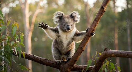 Adorable Baby Koala Reaching Out From Eucalyptus Branch in Natural Sunlight with Soft Background Playful Australian Wildlife Scene Perfect For Decoration and Educational Purposes